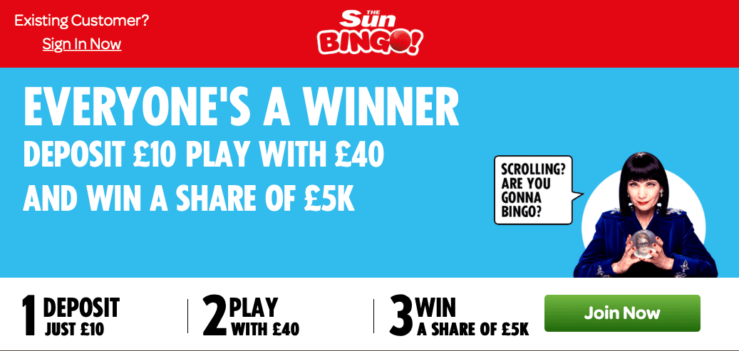 Sun Bingo Promotional Offer Screen Shot