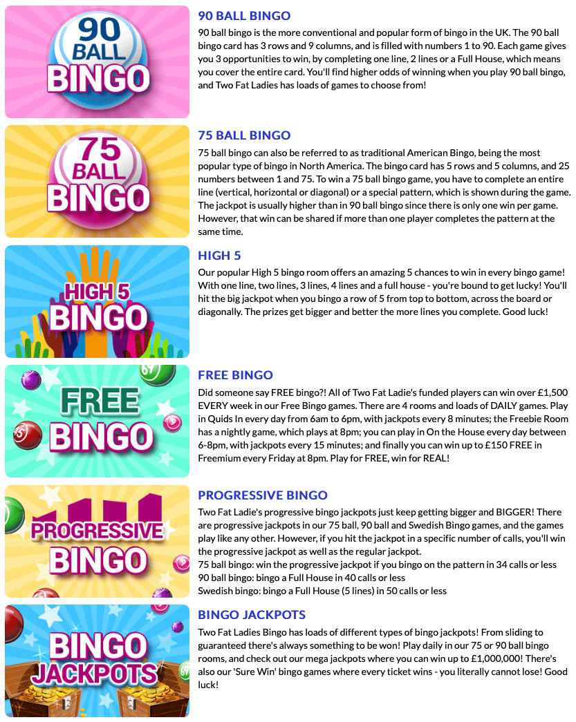 bingo games available at two fat ladies bingo